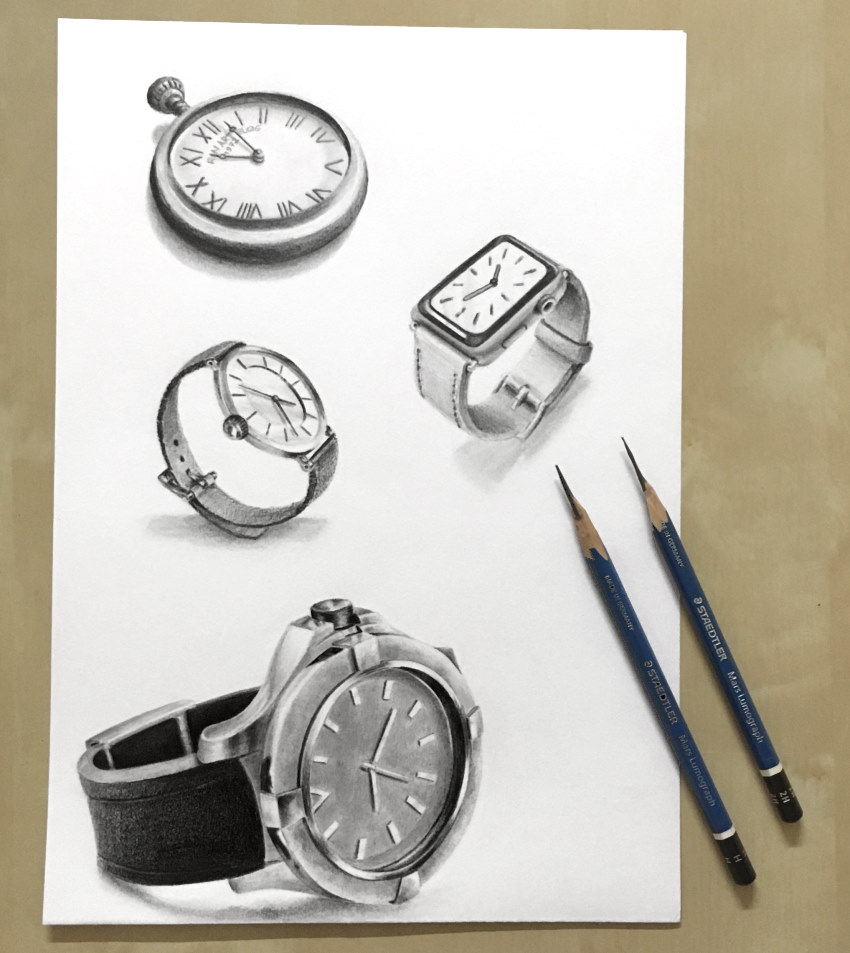Realistic graphite drawing of watches