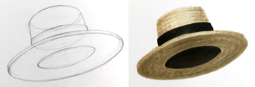 Steps for drawing a boater hat from imagination