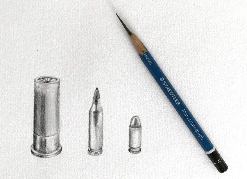 Gun and rifle bullets pencil drawing