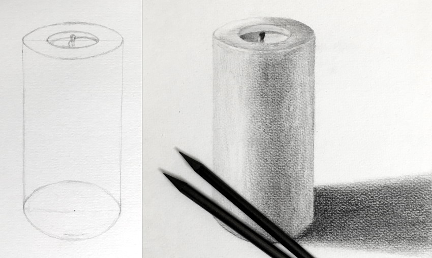 Steps for drawing a candle with pencils