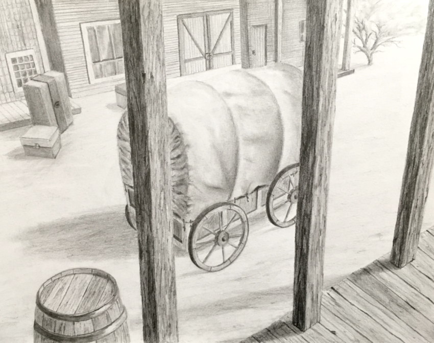 Pencil drawing of a carriage from imagination