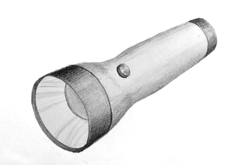 A pencil sketch of a flashlight