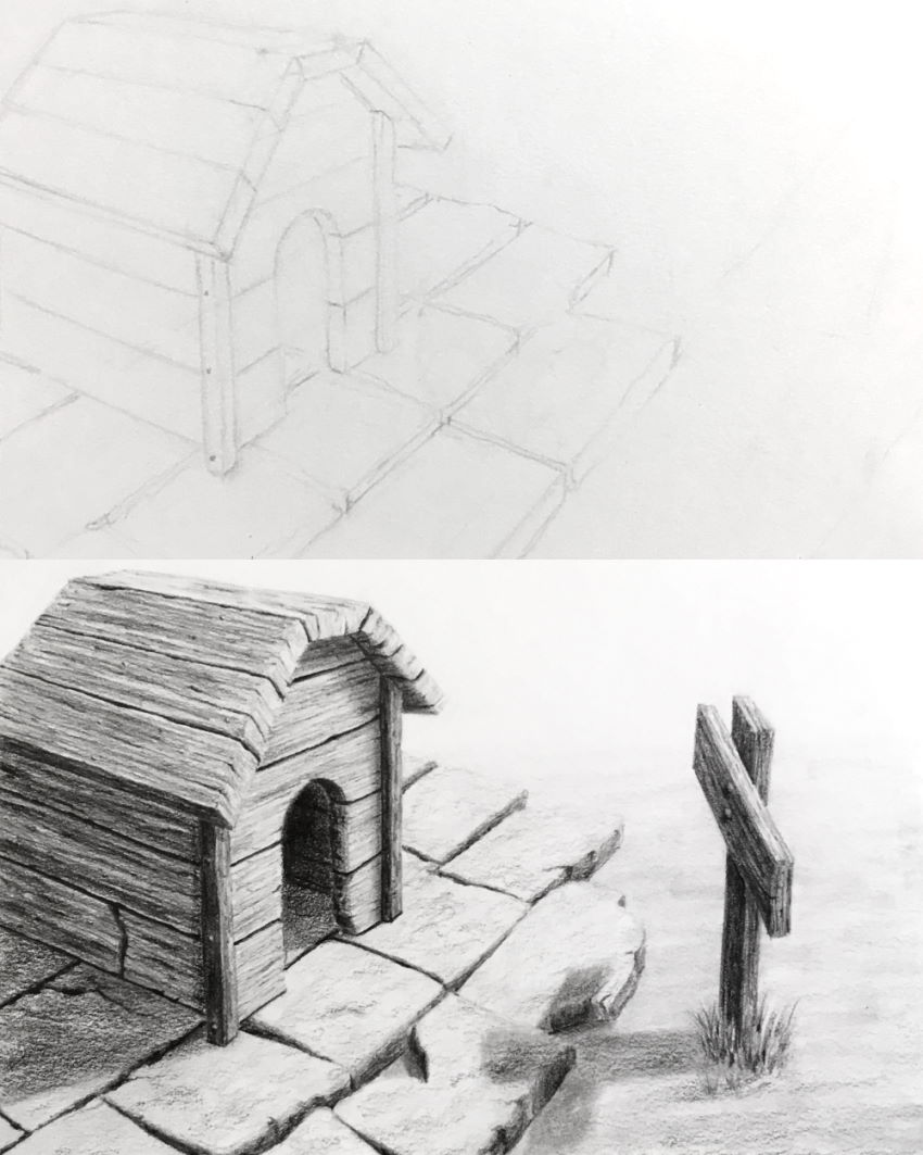 Graphite drawing of a wooden kennel and a wooden cross