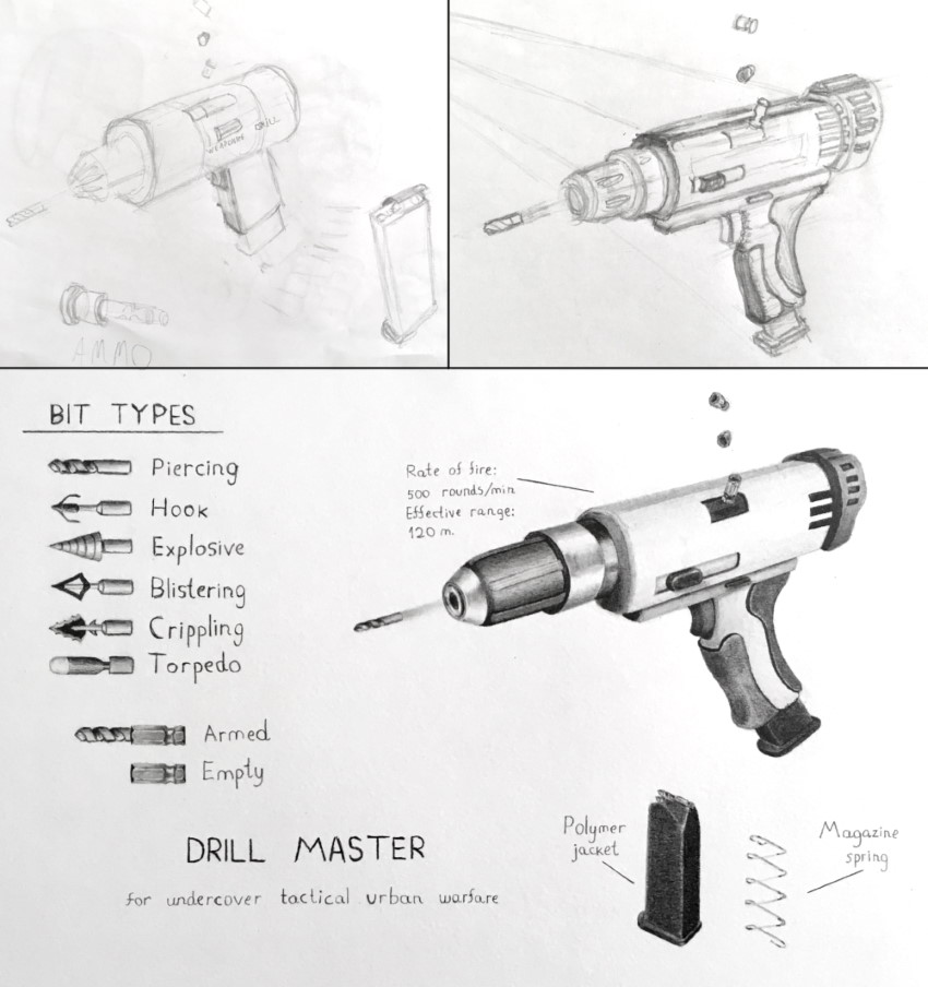 Concept art pencil drawing - weaponized drill