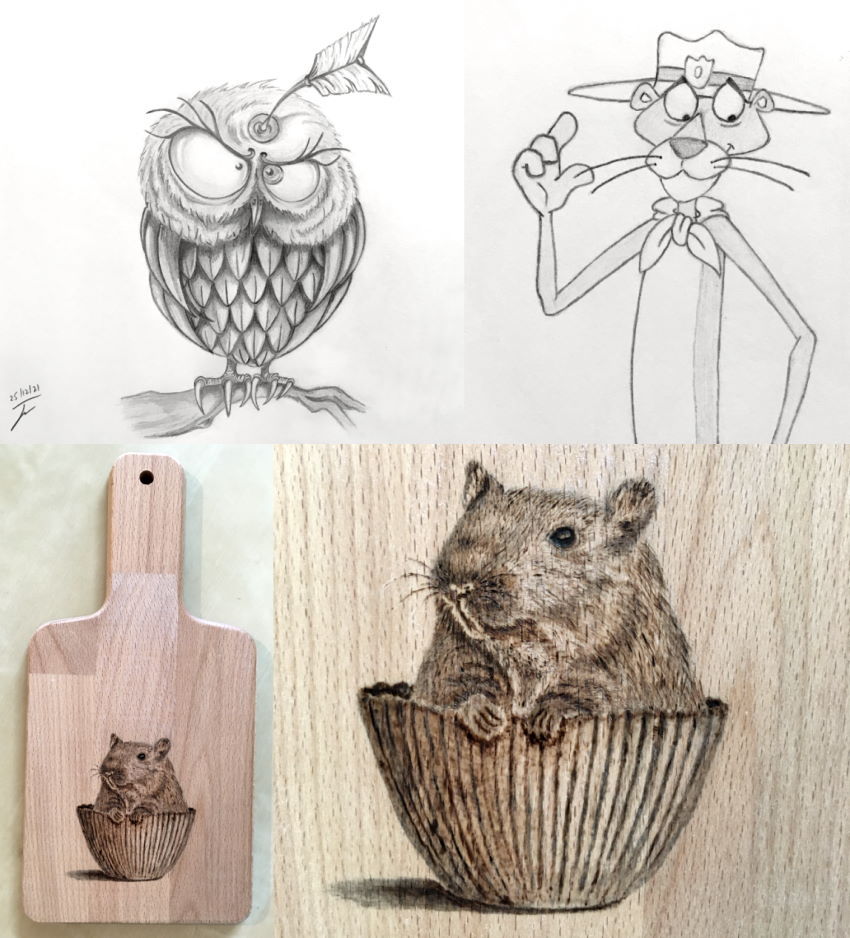 Drawings from observation and pyrography by Yifat