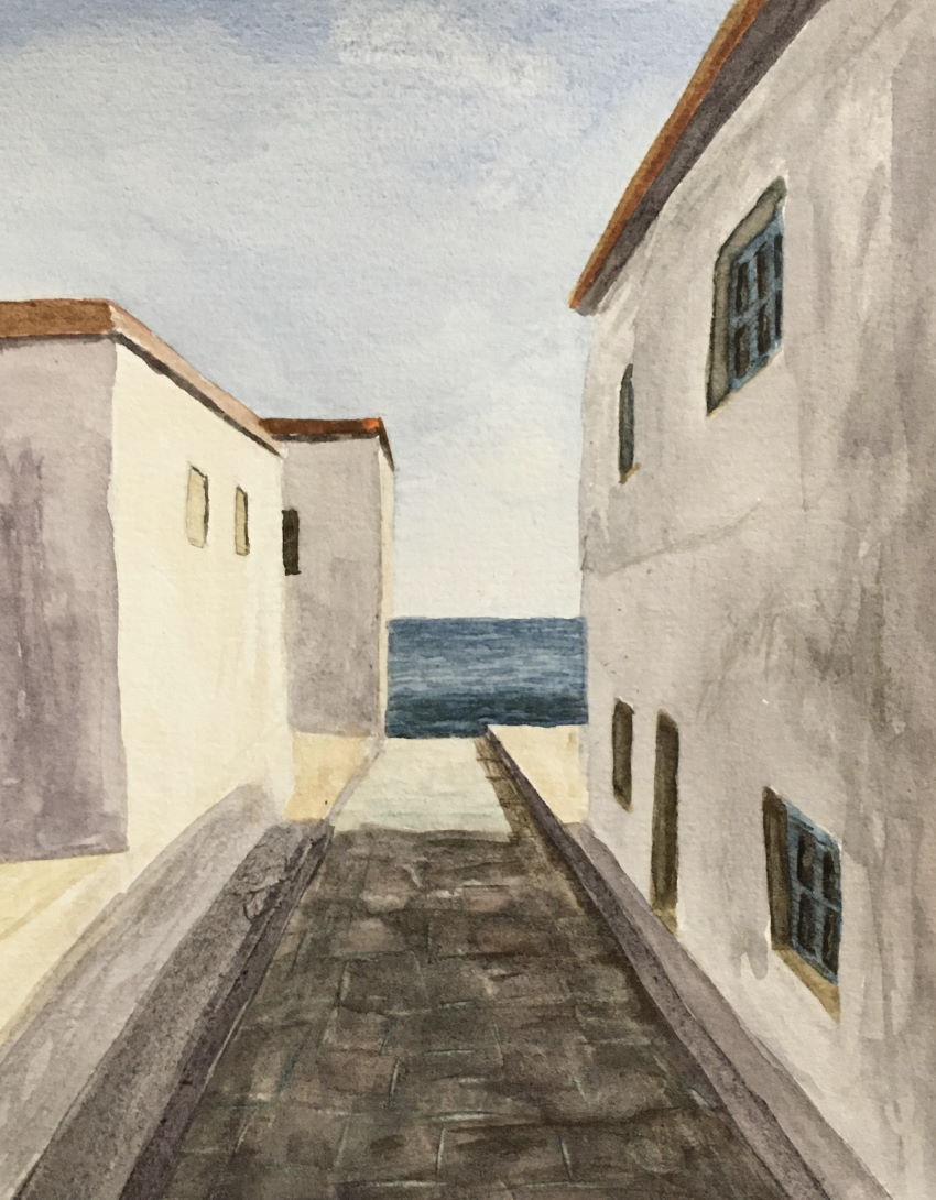 Water color painting of a street by the sea