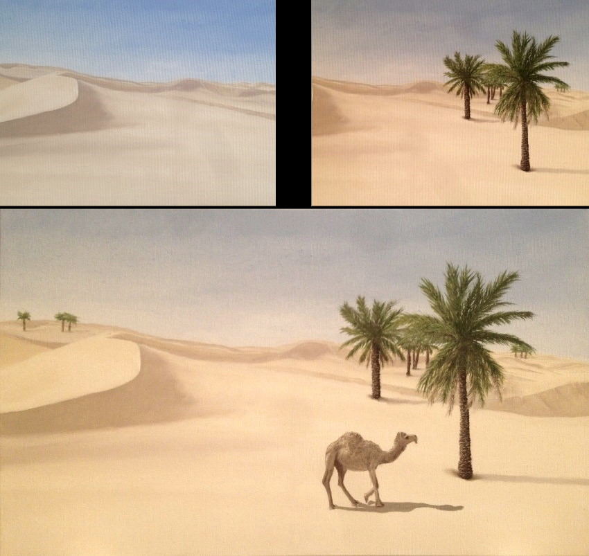 Oil painting of a desert with camel and palm trees