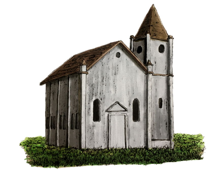 A drawing of a church with pen and markers