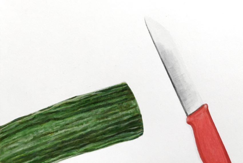Markers and colored pencils drawing of a cucumber and a knife