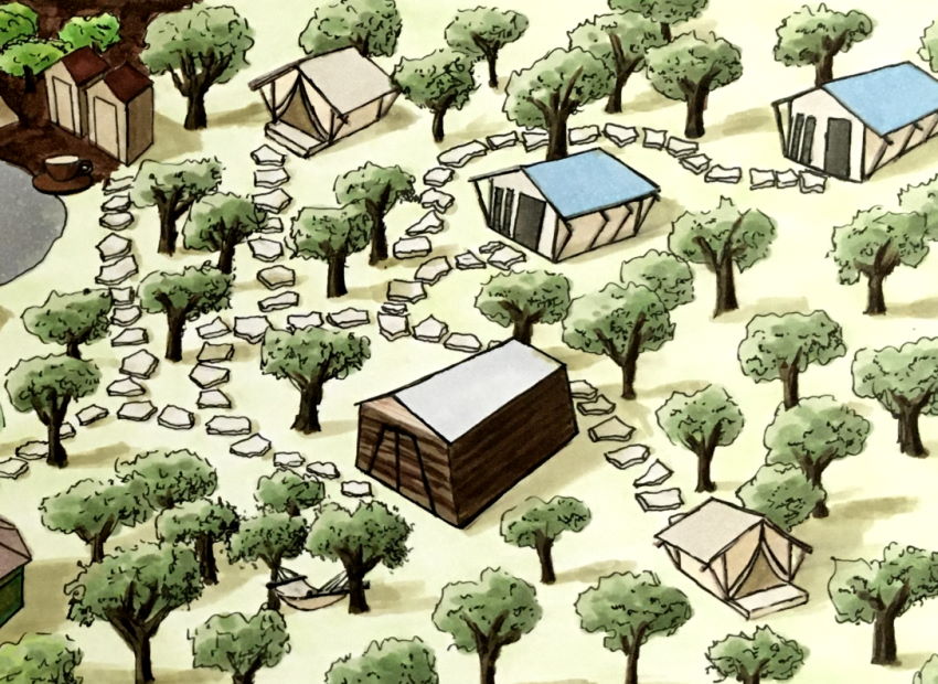 Map drawing with markers of some tents and trees