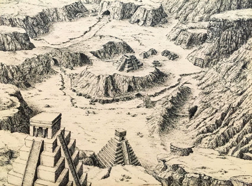 Rocky land with Mayan buildings pen drawing map