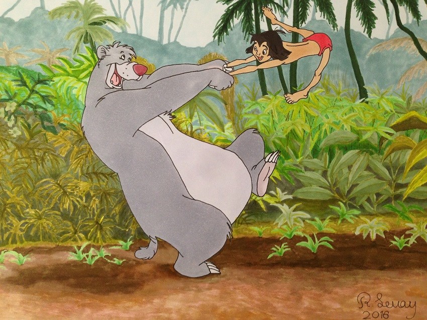 漫画绘画，丛林图书，Mowgli和Baloo