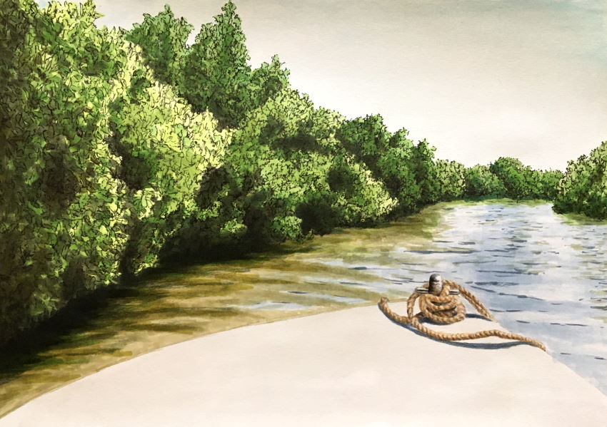 Markers landscape drawing with boat, river and trees