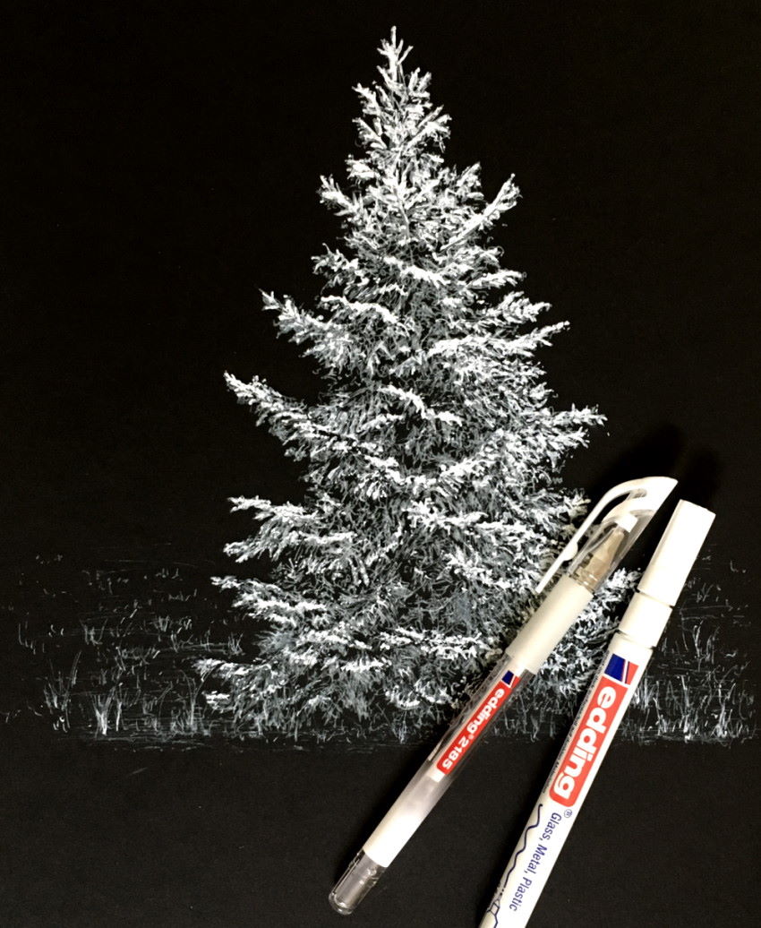 Tree drawing with white pen on black paper