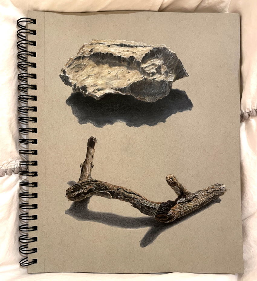 Realistic drawing of a stone and a stick