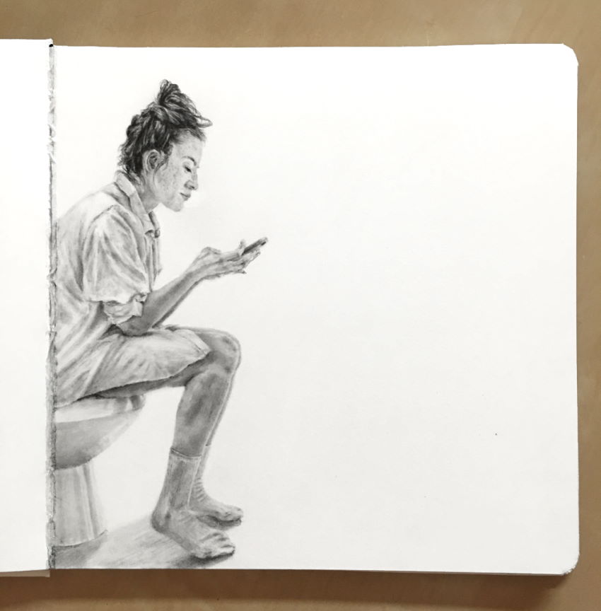 A pencil drawing of a woman in toilet texting on her smartphone