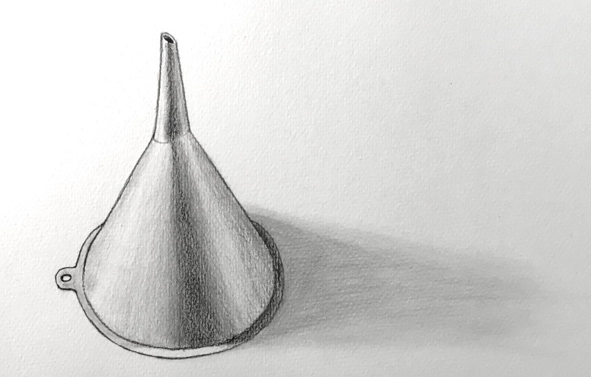 Funnel pencil drawing with cast shadow