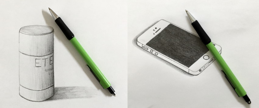 Mechanical pencil sketches of iPhone SE & stick deodorant
