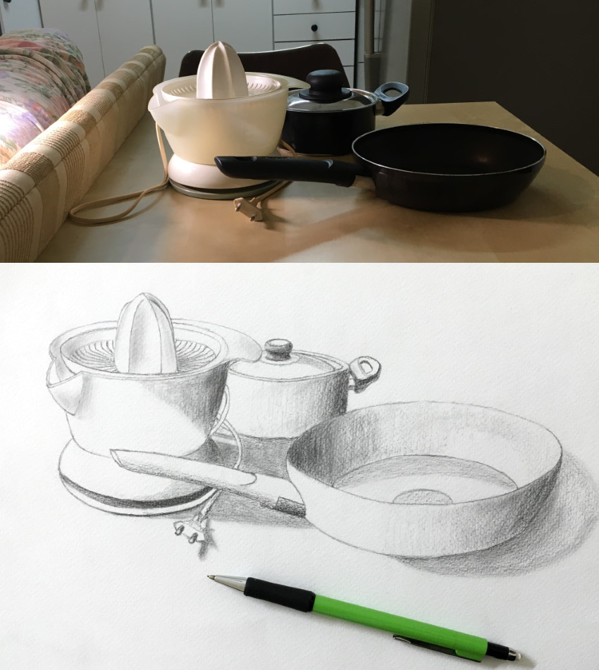 Pots & kitchen tools sketch with a mechanical pencil