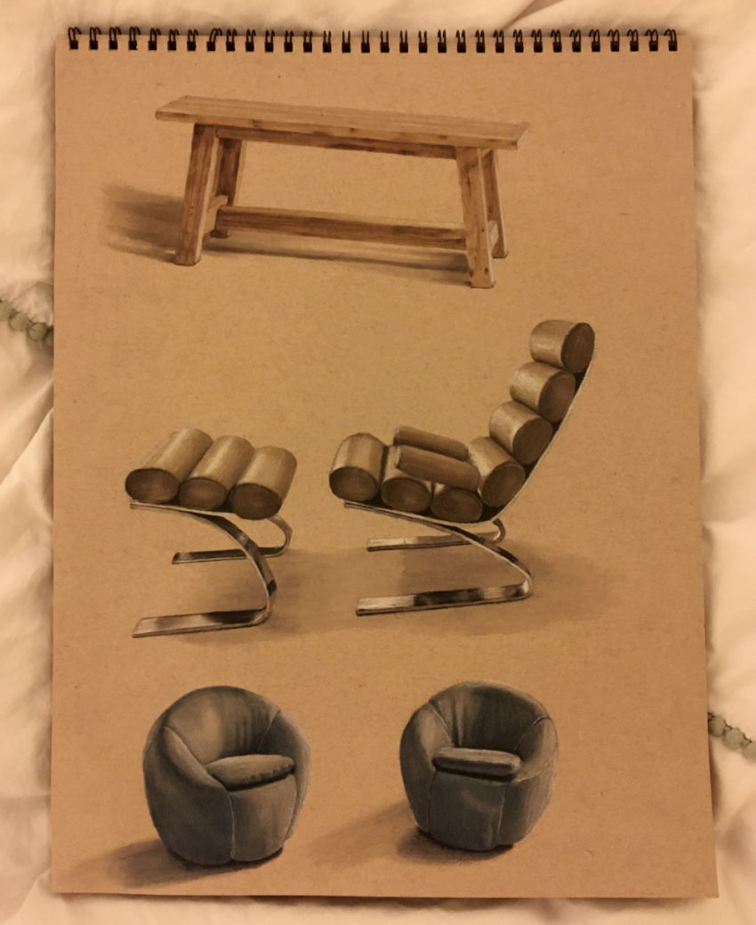 Furniture drawing in perspective with markers