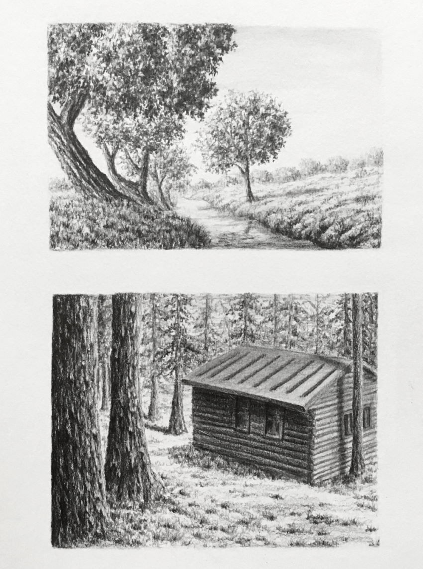 Two graphite drawings of landscape
