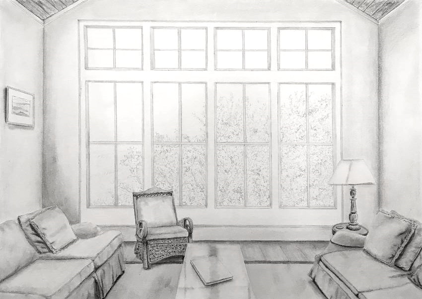 One-point perspective living room drawing