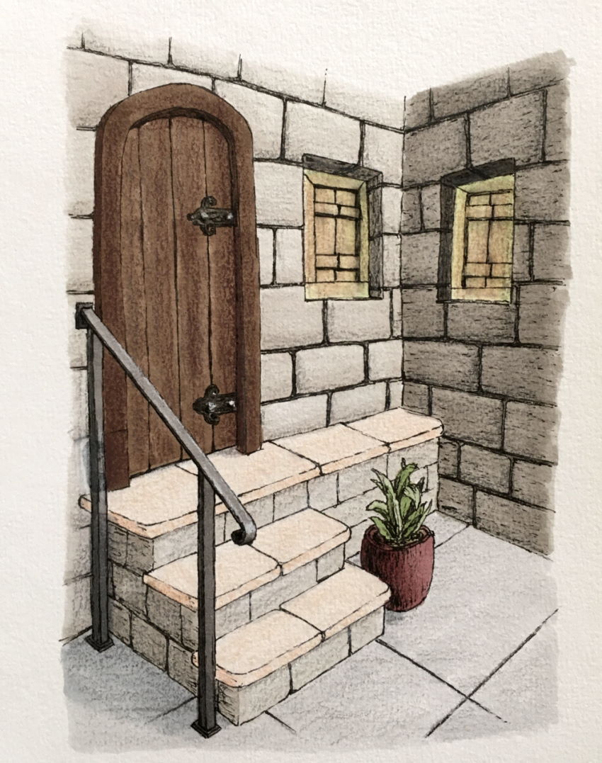 Perspective markers drawing of a walls with a door and stairs