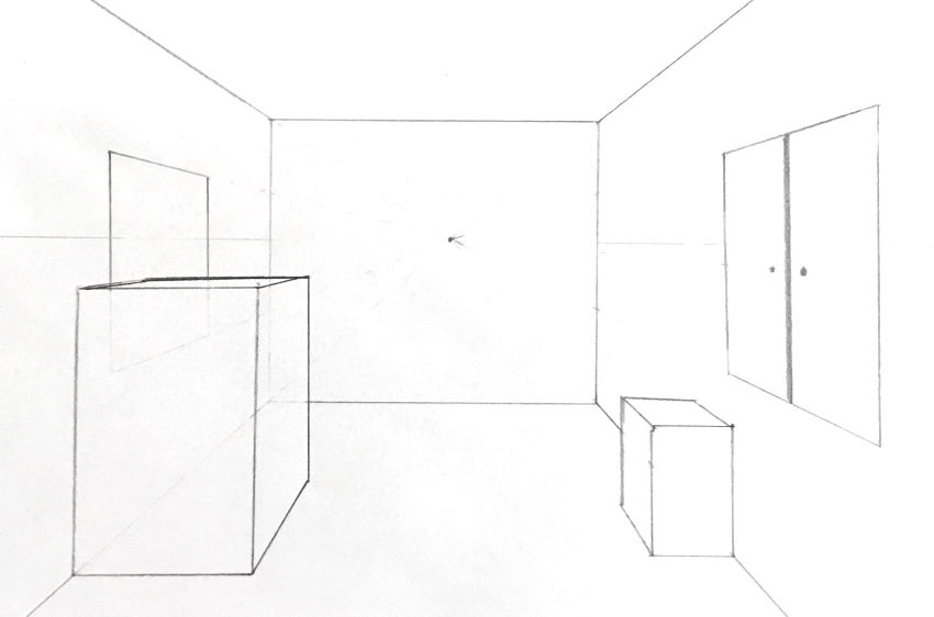 Drawing boxes in a room, one-point perspective