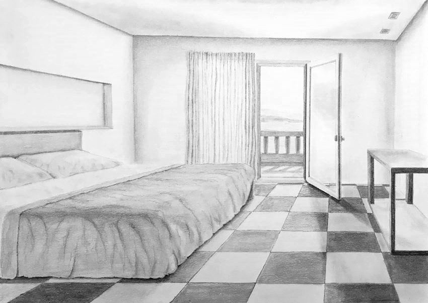 Bedroom with checker tiles in one-point perspective