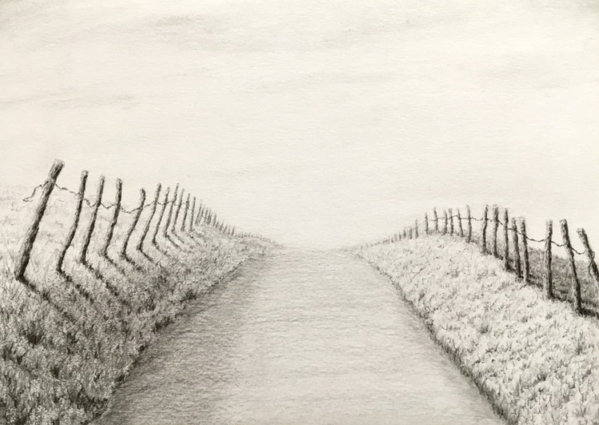 Pencil drawing, an uphill road in perspective