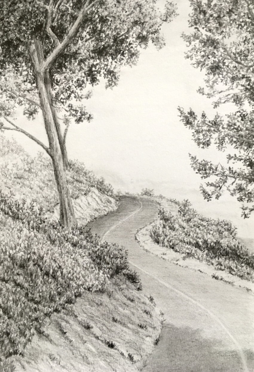 Uphill winding road drawing in perspective