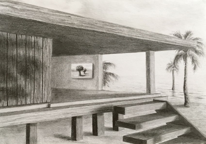 Perspective drawing of a villa with two vanishing points