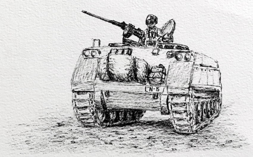 Pen drawing of an armoured personnel carrier