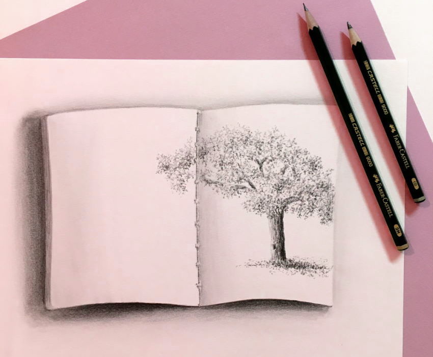 Tree drawing on a pink paper by Canson
