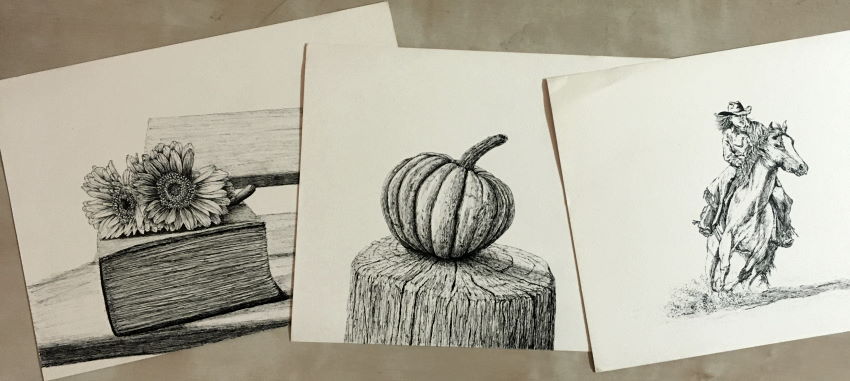 Realistic pen drawings on Arches cream paper