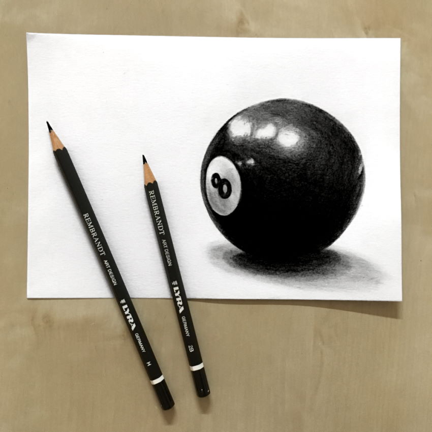 A graphite pencil drawing of a black eight ball