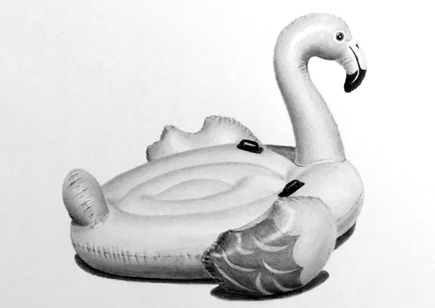 Pencil drawing of an inflatable flamingo