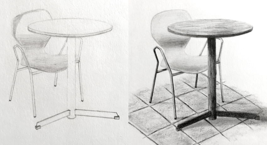 A graphite drawing of a chair overlapping a table
