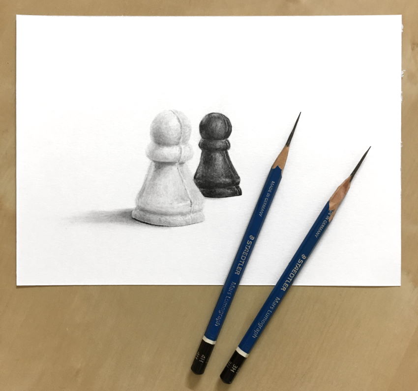 Graphite drawing of black and white chess pawns