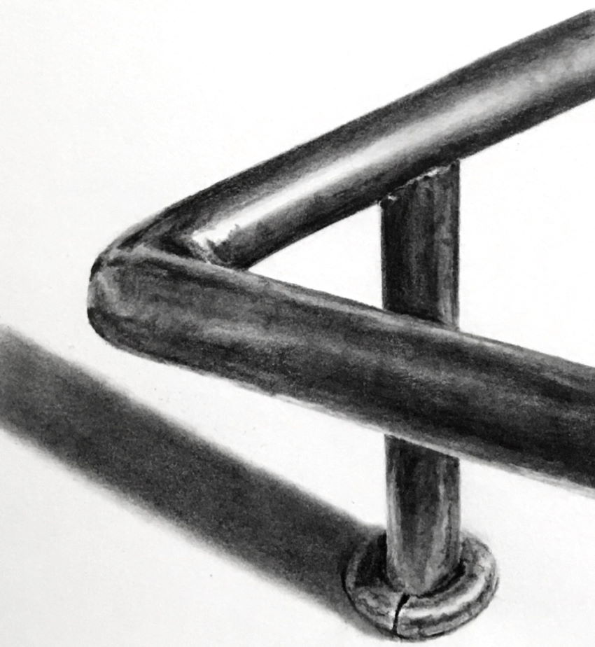 A graphite drawing of a staircase railing
