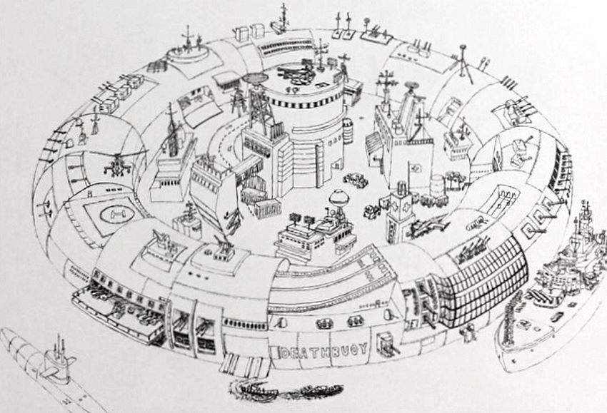 Pen drawing of a torus shaped buoy with weapons