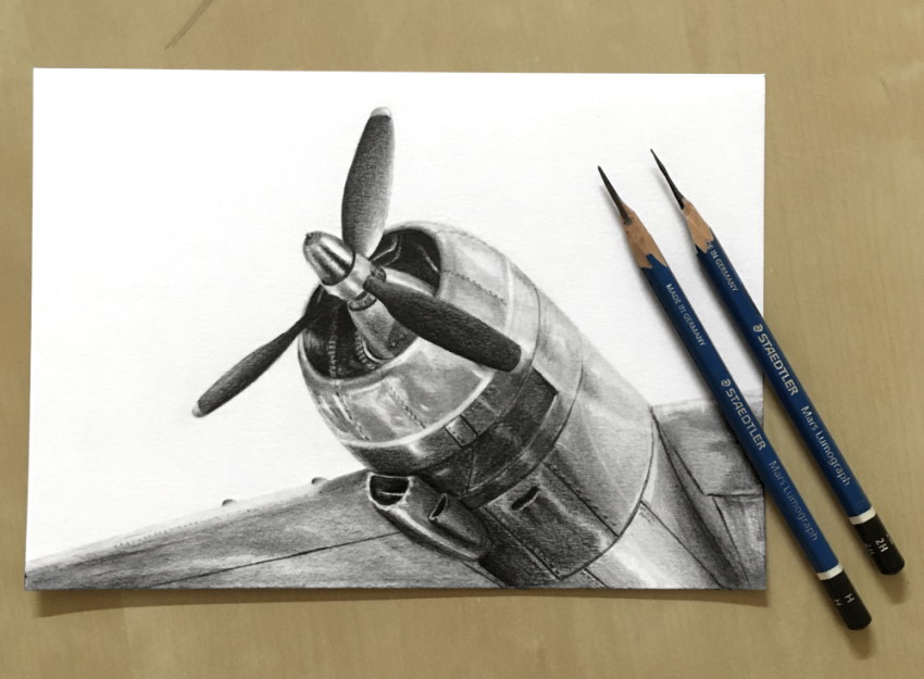 Graphite pencil drawing of an airplane with a propeller