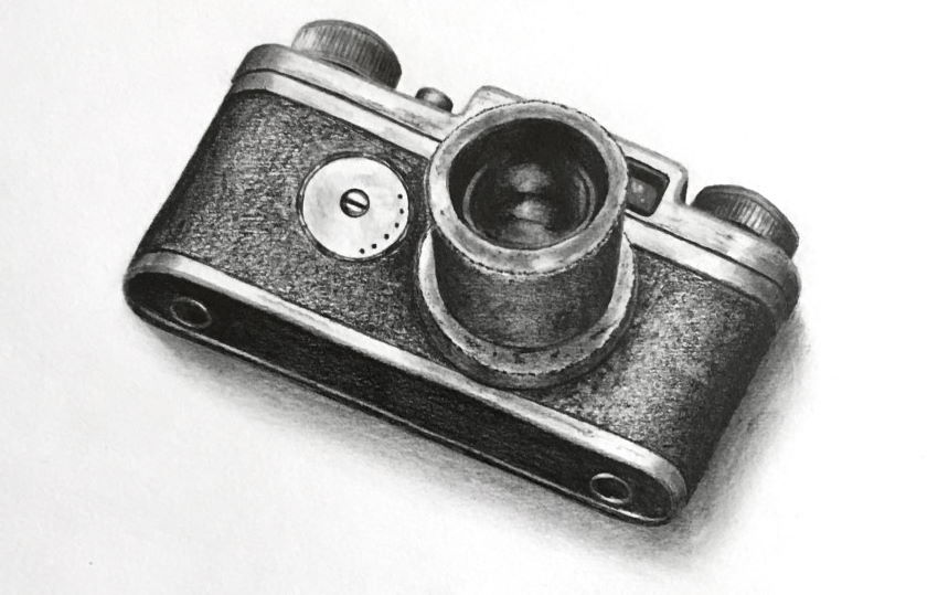 Realistic graphite drawing of a camera
