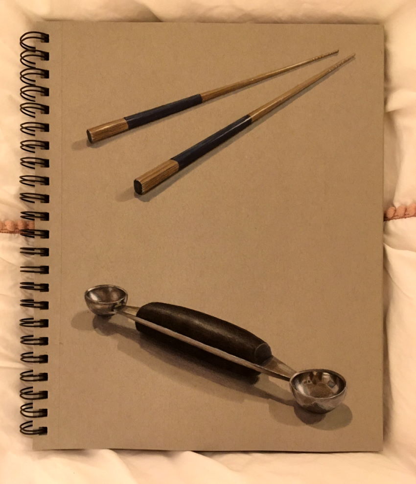 Chopsticks and Parisian spoon realistic marker drawing