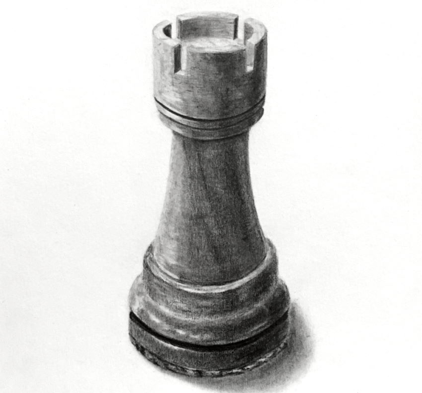 Realistic pencil drawing of a chess rook