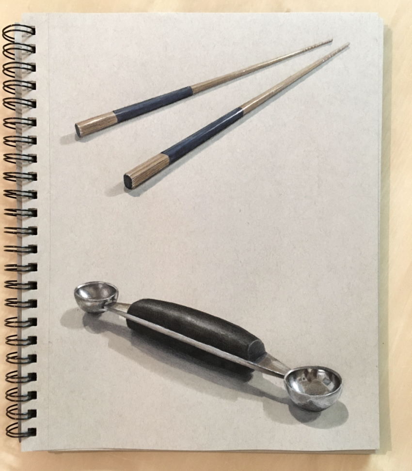 Chopsticks and Parisian spoon realistic drawing
