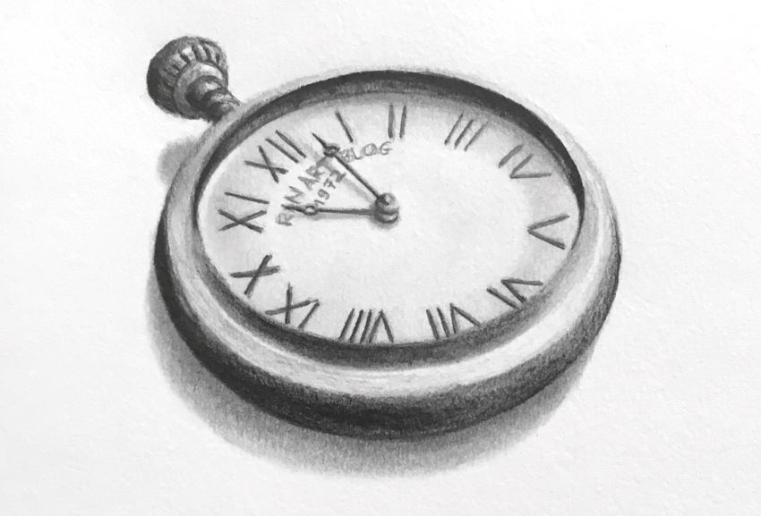 Realistic graphite drawing of a pocket watch
