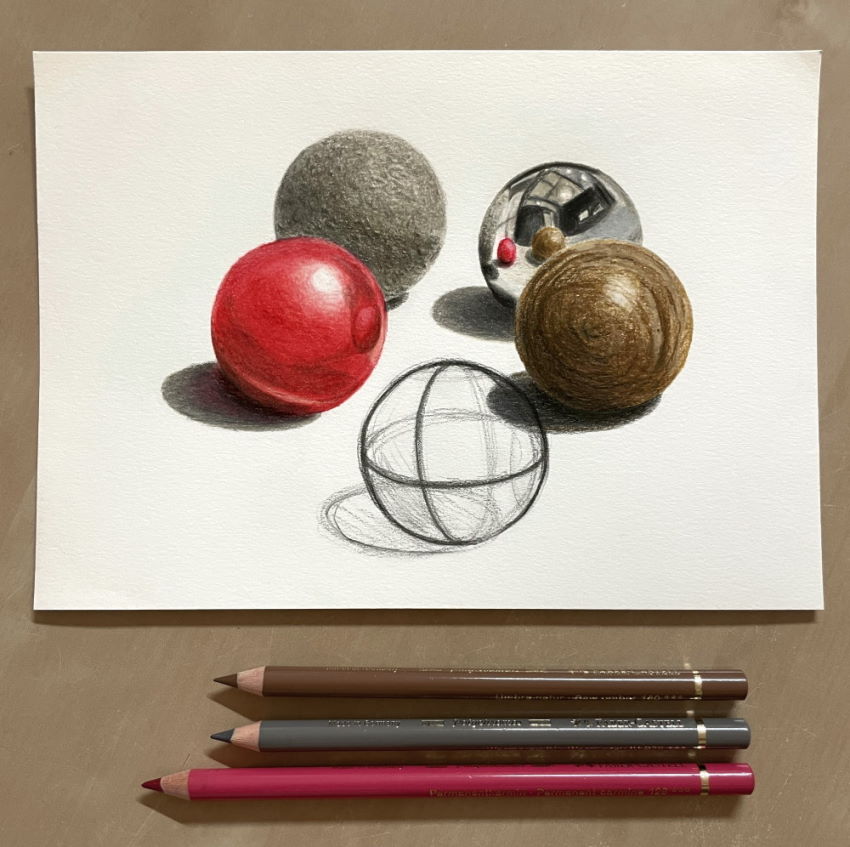 Realistic drawing of several balls with different textures