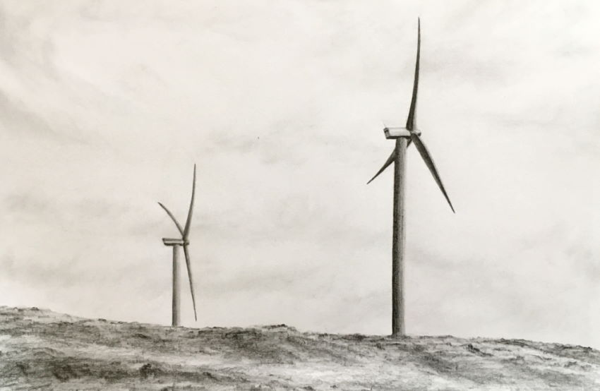 A drawing of two wind turbines