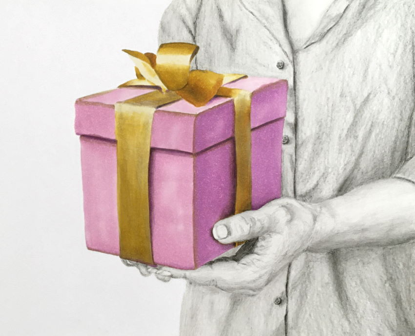 Gift box drawing with pencils and markers